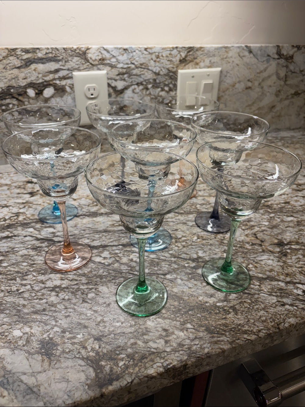 Set of 8 Textured Margarita Glasses with Colored Stems